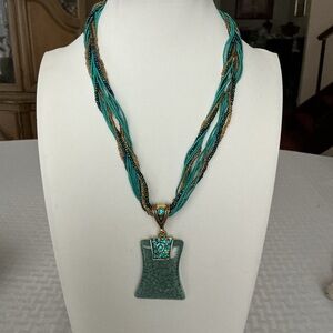 Turquoise Resin Trapezoid Antique Gold Tone Pendant Necklace